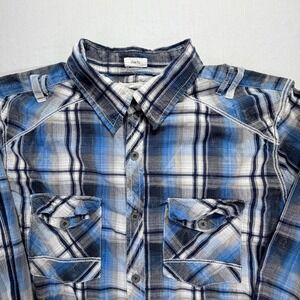 BKE Mens Plaid Long‎ Sleeve Button Up Shirt Slim Fit Blue Gray White Size Large